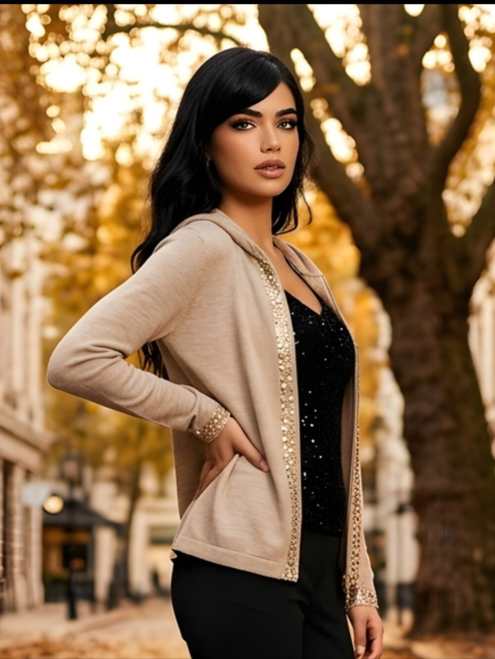 Like New Sarah Spencer Taupe Gold Sequin Zip Hoodie Cardigan M Wool - Picture 14 of 14